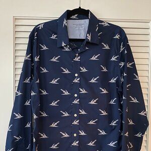 Banana Republic Poplin Shirt, Dark Blue Bird Print, Size L